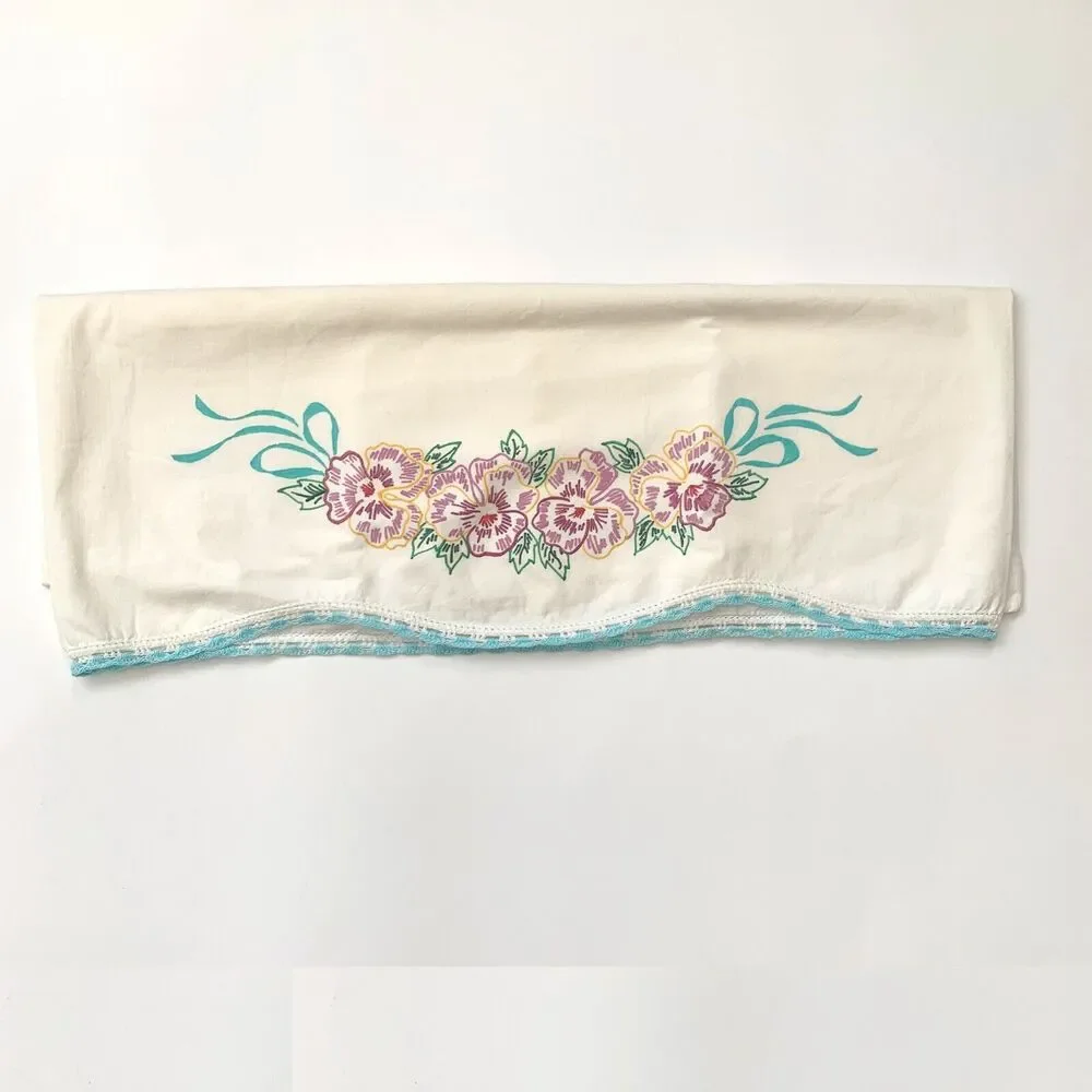 Hand Paint Liquid Embroider Pillowcase Pansy Crochet Lace Shabby Décor Cottage
